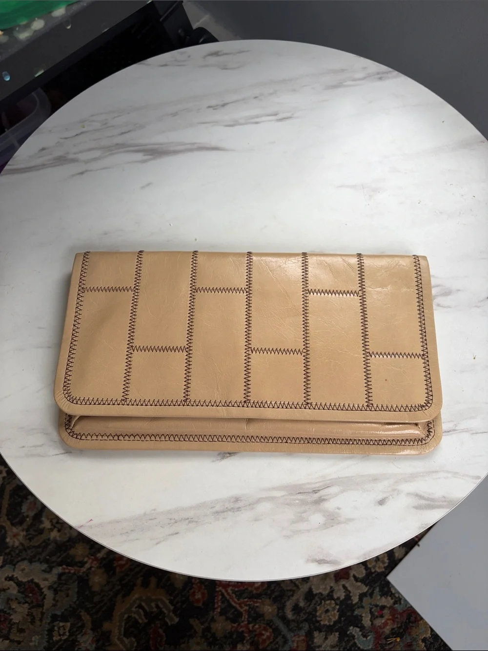 HOBO Beige Leather Stitch-Detail Fold-Over Clutch